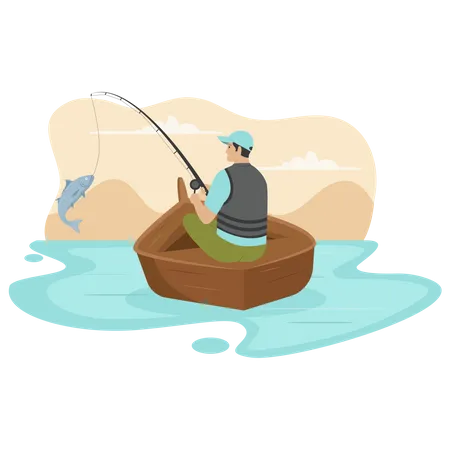 Fisherman in a wooden boat  Illustration