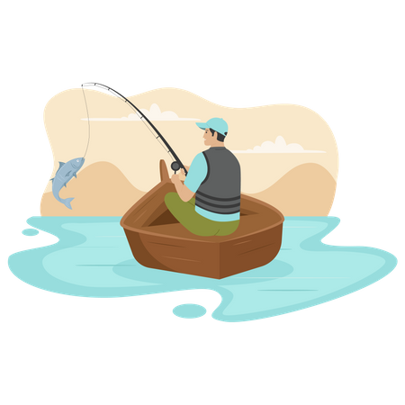 Fisherman in a wooden boat  Illustration