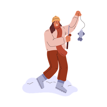 Fisherman man holding fishing rod and caught fish  Illustration