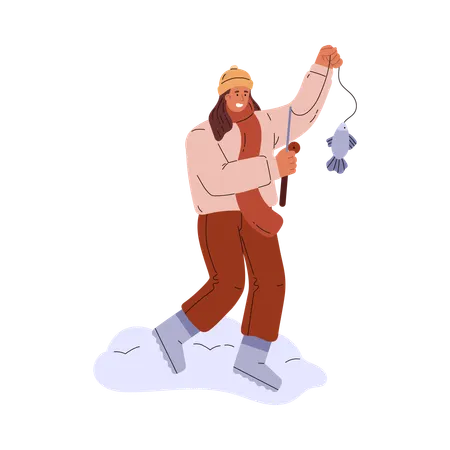 Fisherman man holding fishing rod and caught fish  Illustration