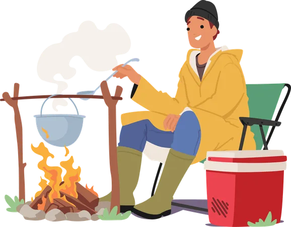 Fisherman Character Prepares A Hearty Fish Soup In A Cauldron Combining Fresh Catch With Aromatic Herbs Vegetables And Savory Broth Creating A Flavorsome Maritime Delight By The Waterside Vector Illustration