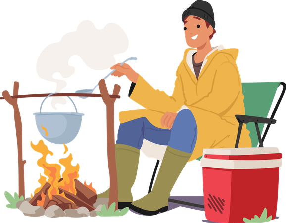 Fisherman Prepares Hearty Fish Soup In Cauldron  Illustration