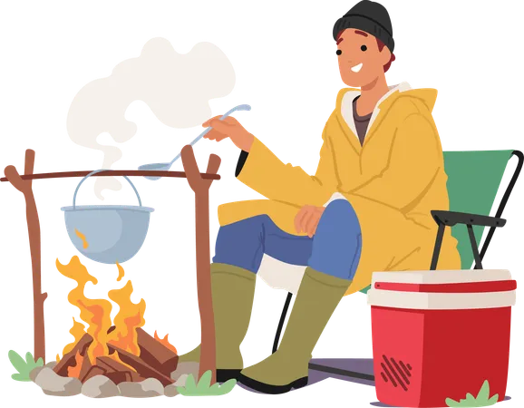 Fisherman Prepares Hearty Fish Soup In Cauldron  Illustration