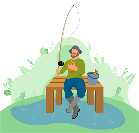 Man Fisher Sitting On Pier With Fishing Rod And Basket With Just Caught Fish Vector Lake Or Pond Fishery Concept Illustration Bearded Guy In Hat With Catch Illustration