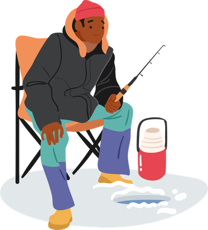 Fisherman sitting with rod front of frozen lake hole enjoying winter fishing  Illustration