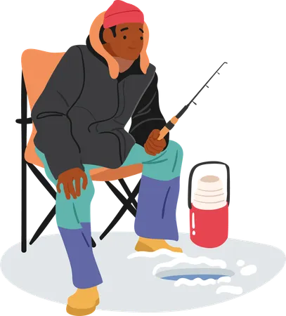 Fisherman sitting with rod front of frozen lake hole enjoying winter fishing  Illustration