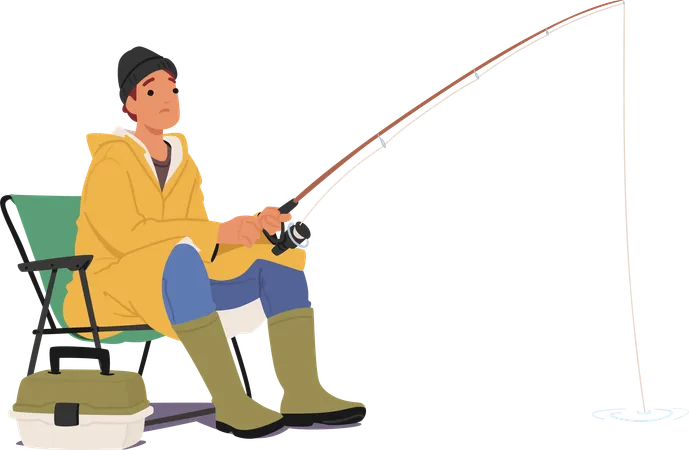 Fisherman Sitting With Rod In Hands And Tackle Box Patiently Awaiting Catch  Illustration