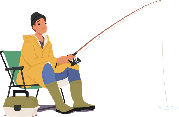 Fisherman Sitting With Rod In Hands And Tackle Box Patiently Awaiting Catch  Illustration