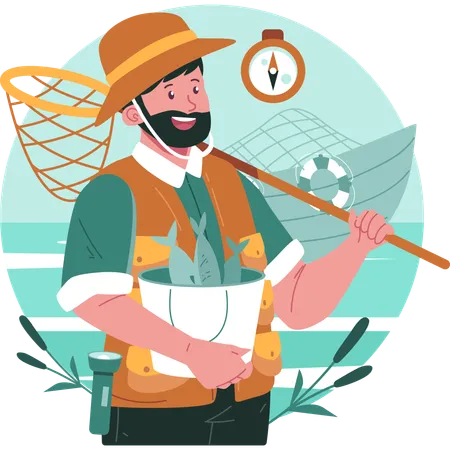 Fisherman standing with bucket and net  Illustration