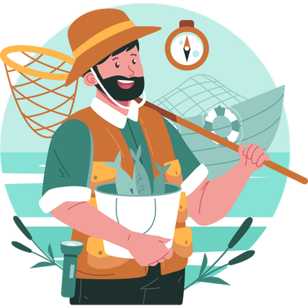 Fisherman standing with bucket and net  Illustration