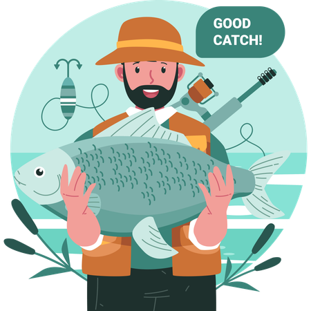 Fisherman standing with fish in hand  Illustration