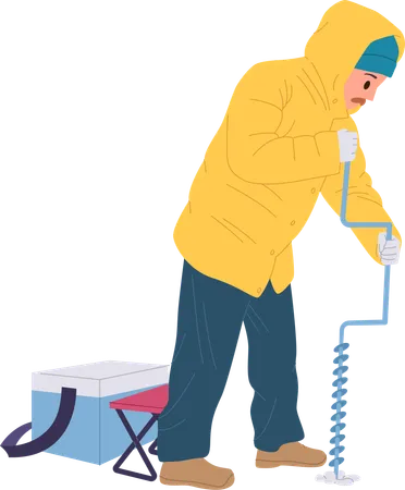 Fisherman Cartoon Character Wearing Warm Clothes Outwear Drilling Hole In Frozen Lake Preparing Place For Fishing Isolated Vector Illustration Fisher Man Enjoying Winter Hobby Acidity On Vacation Illustration