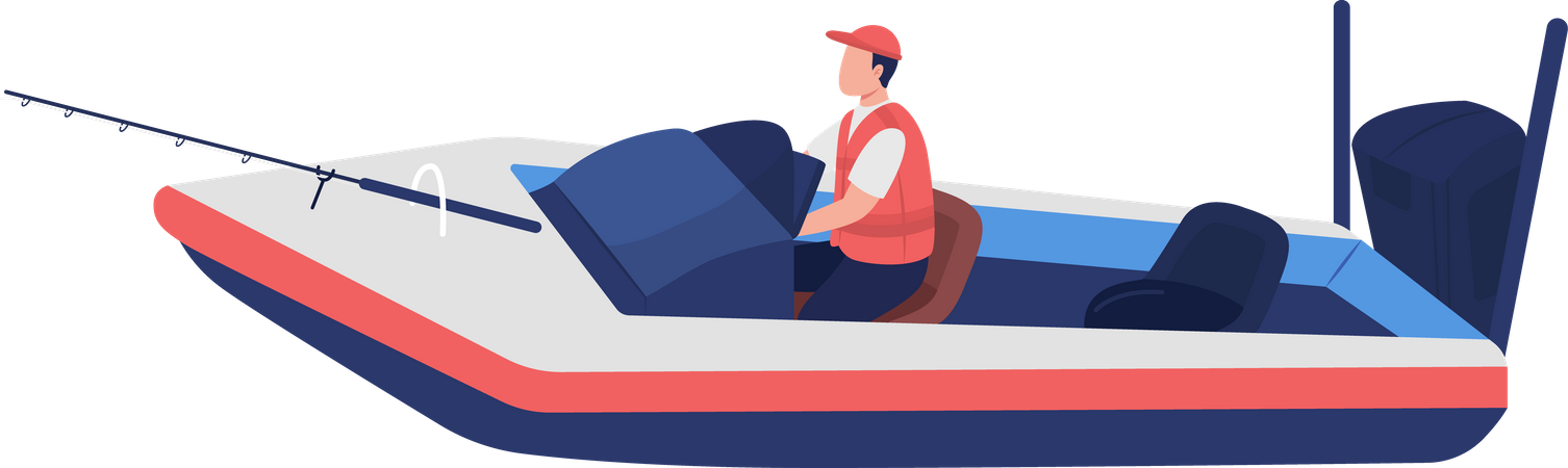 Fisherman with casting rod in boat Illustration