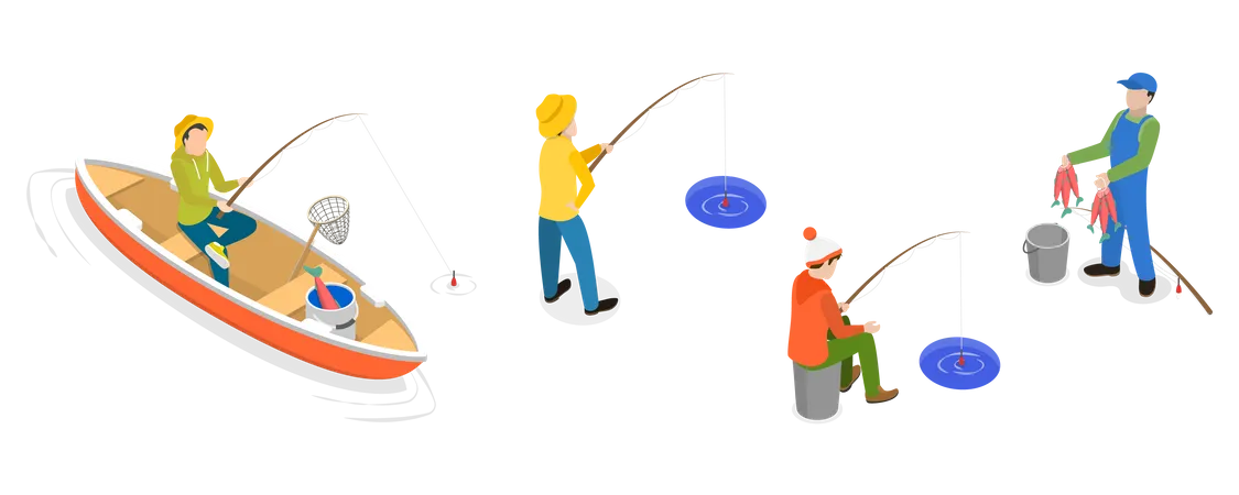 3 D Isometric Flat Vector Set Of Fishermen Hobbies And Leisure Activities Illustration