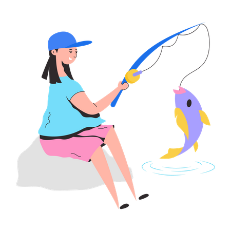 Fisherwoman catching fish using fish rob Illustration