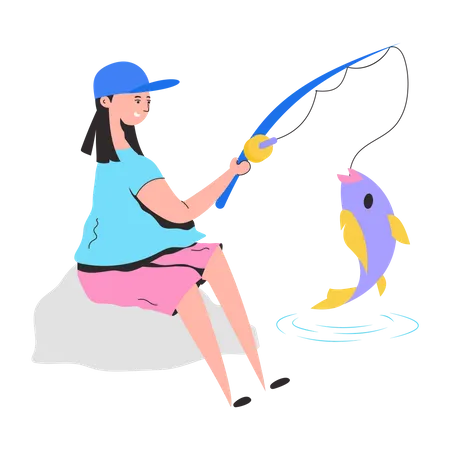 Fisherwoman catching fish using fish rob Illustration