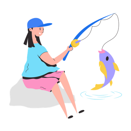 Fisherwoman catching fish using fish rob  Illustration