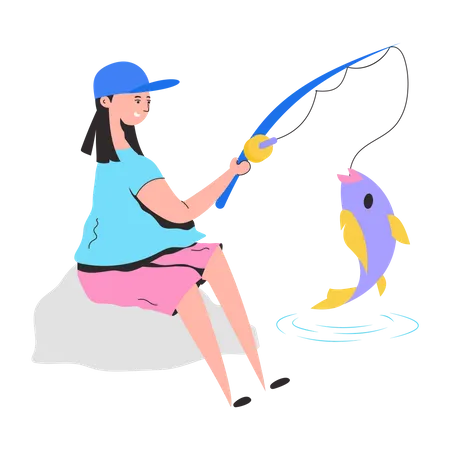 Fisherwoman catching fish using fish rob  Illustration