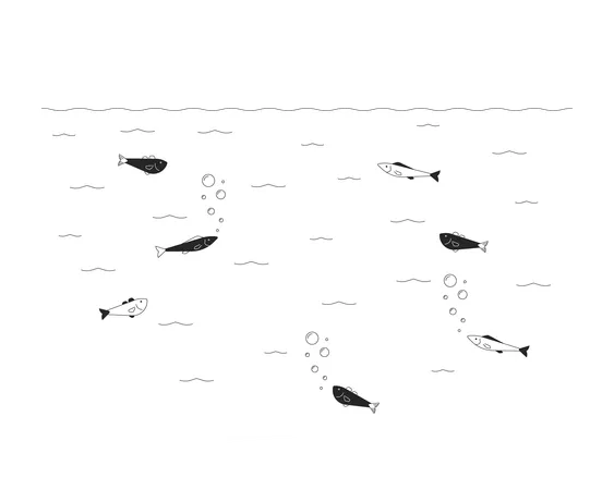 Fishes School Swimming Underwater Black And White Cartoon Flat Illustration Sea Animals Life 2 D Lineart Personages Isolated On White Background Marine Creatures Monochrome Scene Vector Outline Image Illustration