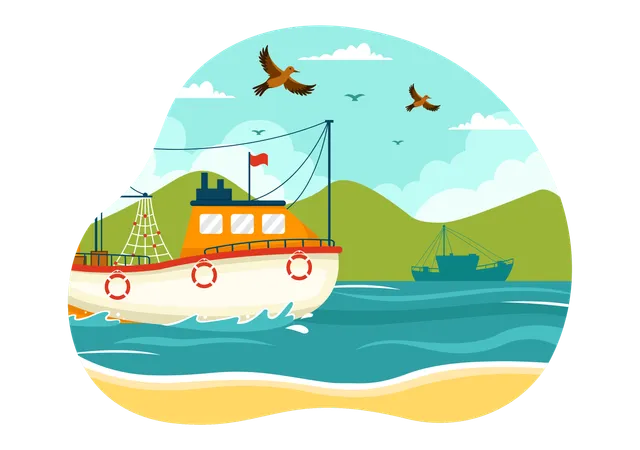 Fishing Boat Vector Illustration With Fishermen Hunting Fish Using Ship At Sea In Flat Cartoon Background Design Illustration