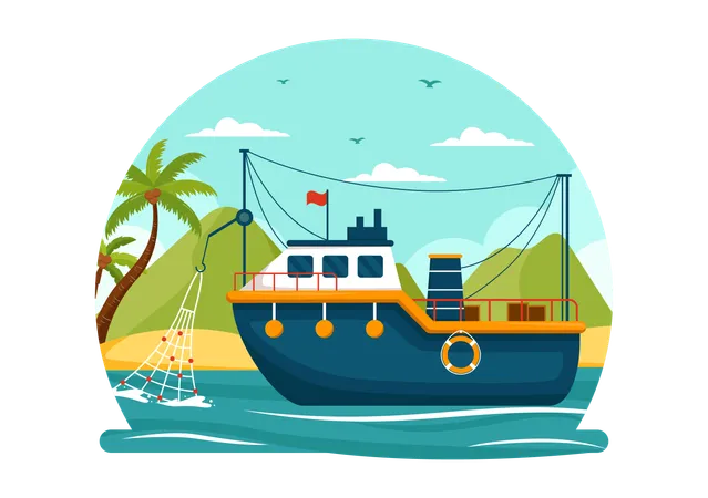Fishing Boat with net for catching fish  Illustration