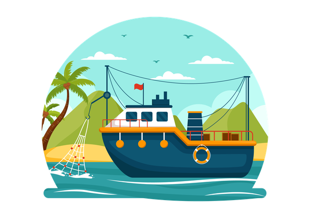 Fishing Boat with net for catching fish  Illustration