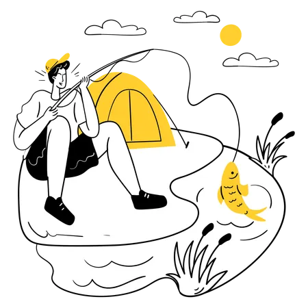 湖で釣りをする  イラスト