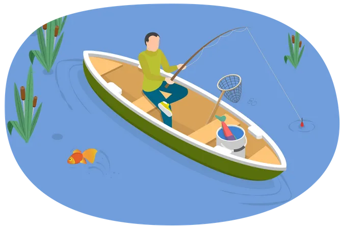 3 D Isometric Flat Vector Conceptual Illustration Of Fishing From Boat Summer Vacation Time Illustration