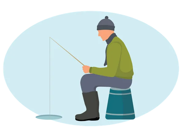 Fishing In Summer And In Winter Vector Illustration Sitting Fishers On Platform And Seat With Fish Rod And Fish Full Bucket And Tackle Sport Theme Illustration