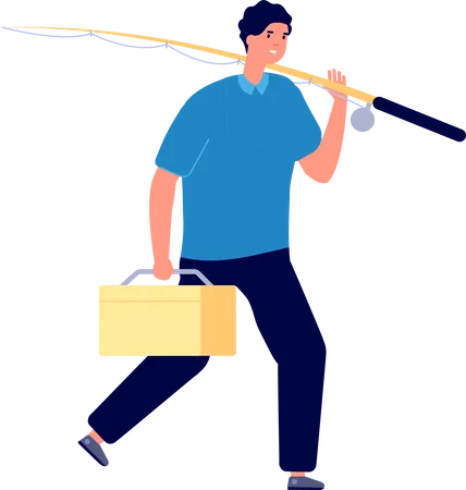 Fishing man holding fishing rob and fishing bag  Illustration