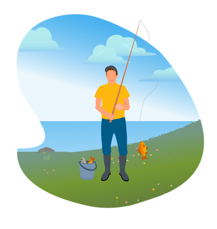 Fishing person with long road catching fish  Illustration
