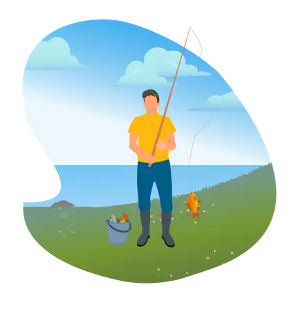 Fishing person with long road catching fish  Illustration
