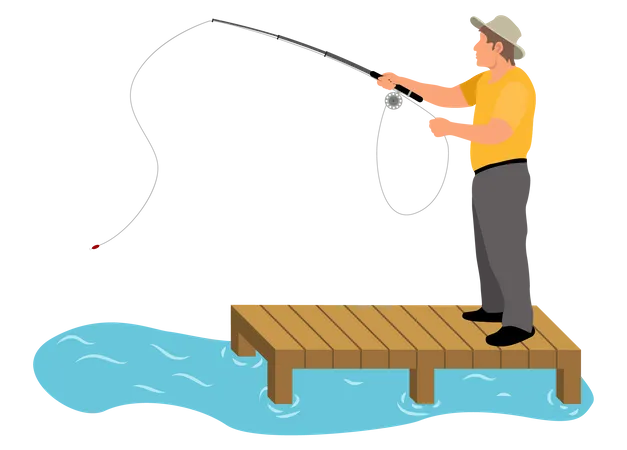 Fishing Person Standing On Wooden Pier Holding Long Rod Man Wearing Hat Protecting Male Form Heat And Summer Sun Lake River Vector Illustration Illustration