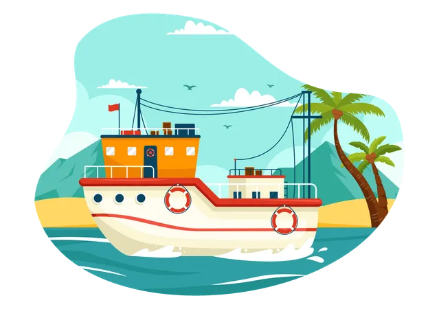 Fishing Boat Vector Illustration With Fishermen Hunting Fish Using Ship At Sea In Flat Cartoon Background Design Illustration