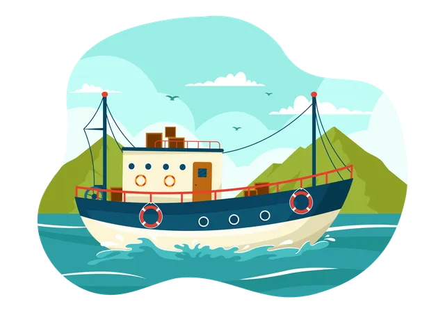 Fishing Boat Vector Illustration With Fishermen Hunting Fish Using Ship At Sea In Flat Cartoon Background Design 일러스트레이션