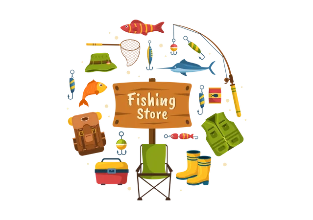 Fishing Shop Selling Various Fishery Equipment Bait Fish Catching Accessories Or Items On Flat Cartoon Hand Drawn Templates Illustration Illustration