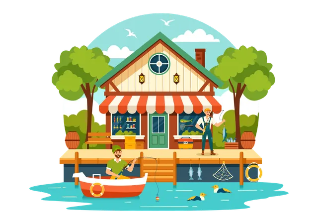 Fishing Store Vector Illustration With Selling Various Fishery Equipment Bait Fish Catching Accessories Or Items On Flat Cartoon Background Illustration