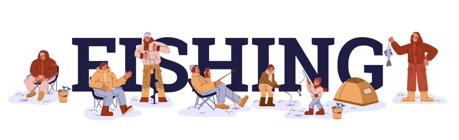 Fishing word with in different poses during ice fishing  Illustration
