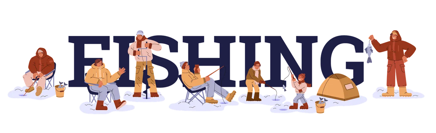 Fishing word with in different poses during ice fishing  Illustration