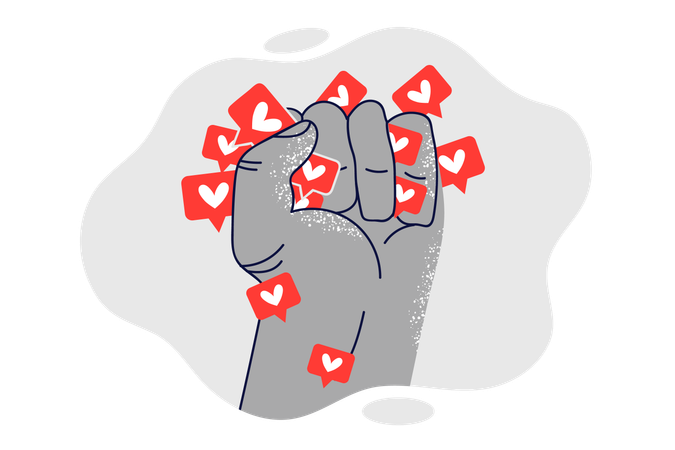 Fist squeezing like icons from social networks symbolizes fight against digital addiction  Illustration