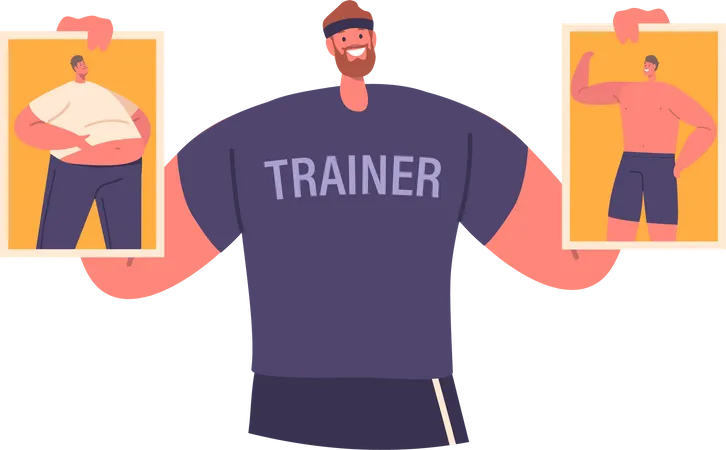 Fit Male Character Displays Transformation From Before Weight Loss To After Man Showcasing Impressive Physical Progress And Dedication To Fitness Journey Cartoon People Vector Illustration Illustration