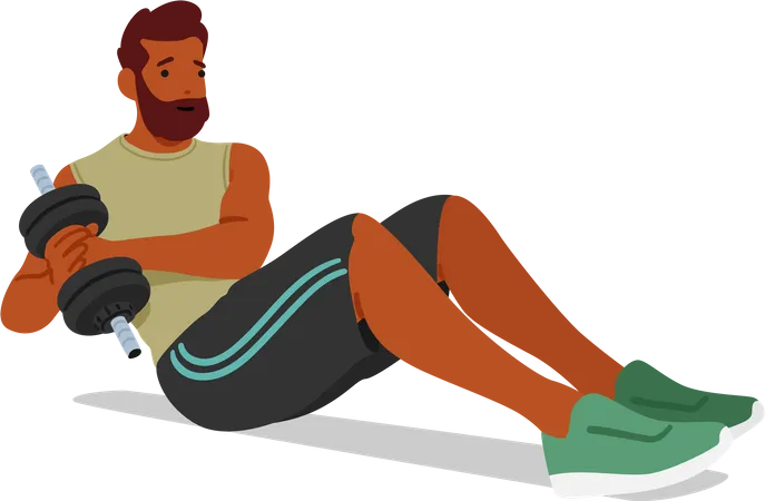 Fit Man pratica exercícios de chão com halteres  Ilustração