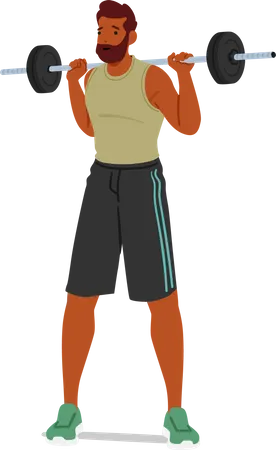 Fit Man Performing Fitness Exercises With Barbell Character Showcasing Strength Building Muscle Increasing Endurance And Promoting Overall Health And Well Being Cartoon People Vector Illustration イラスト