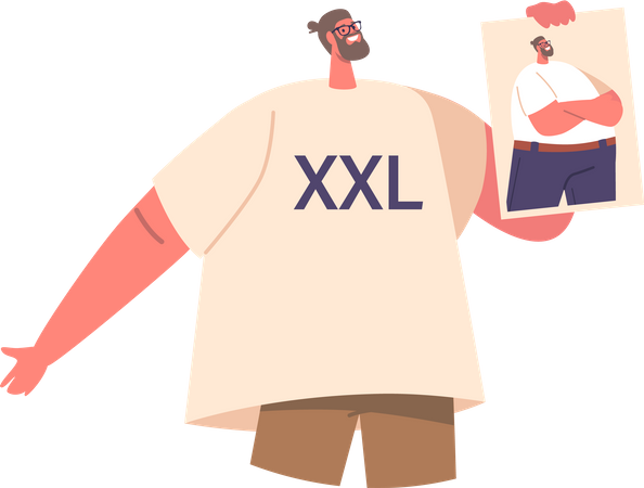 Fit Man Proudly Displaying His Before-and-after Weight Loss Transformation In Oversized Clothes  Illustration
