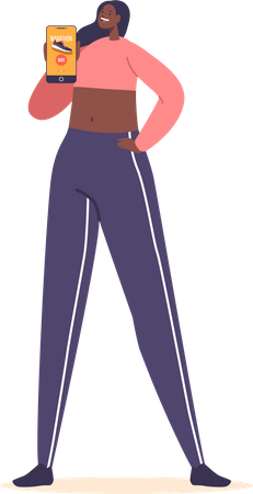 Fit woman displaying her phone screen with marathon running app  Illustration