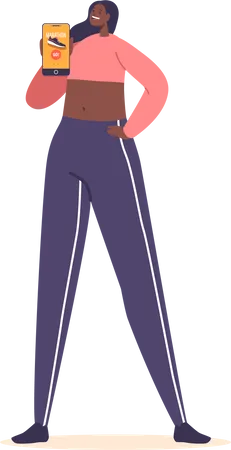 Fit woman displaying her phone screen with marathon running app  Illustration