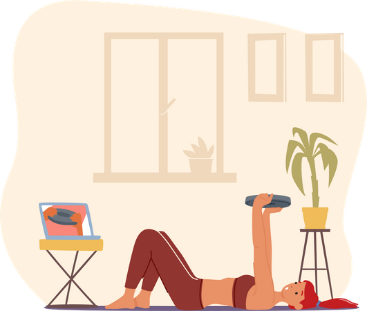 Fit woman exercising with weight at home  Illustration