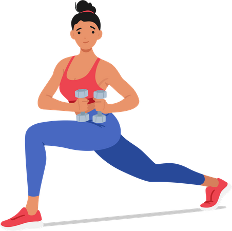 Fit woman performs lunges while holding dumbbells  Illustration
