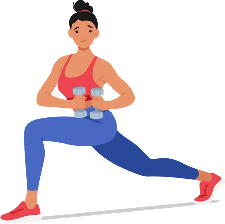 Fit Woman Performs Lunges While Holding Dumbbells Female Character Focusing On Strengthening Her Lower Body And Improving Balance And Stability Cartoon People Vector Illustration Illustration