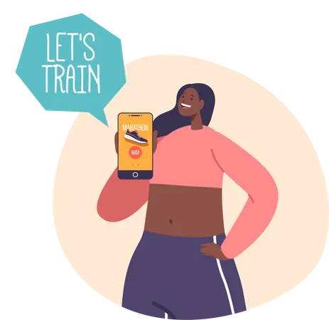 Black Fit Woman Proudly Displaying Her Phone Screen With A Running Training App Showcasing Her Progress Distance And Pace Motivating And Tracking Her Fitness Journey Cartoon Vector Illustration Illustration